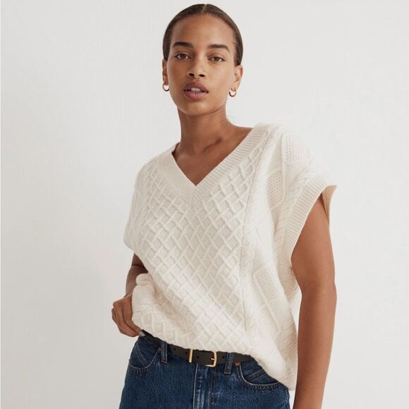 NEW Madewell Small Women's Antique Cream Sweater Cable Knit VNeck oversized Vest - Picture 1 of 5